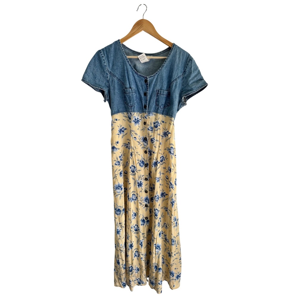 Jay Jacobs Vintage 90s Denim Floral Midi Dress 11/12 Cottagecore Boho Prairie